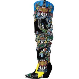 Women's Thigh High Cowboy Boots with Chunky Heel - Faux Snakeskin Western Bootie